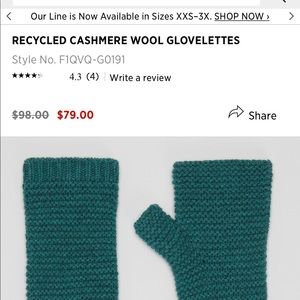 NWT Eileen Fisher teal cashmere wool glovelettes